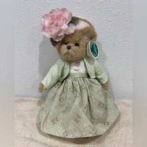 The Bearington Collection Ansley Teddy Bear Pastel Green Dress Rose Blossom 14”